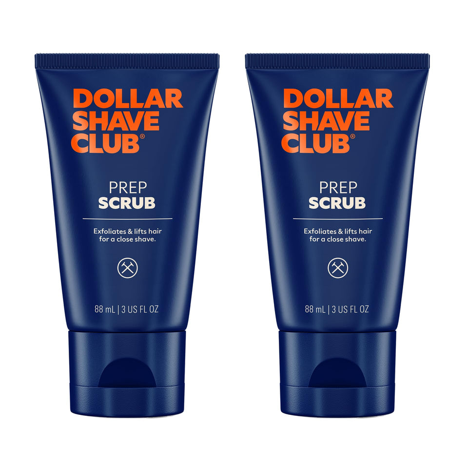 Dollar Shave Club Prep Scrub front packaging showing twin 3 oz tubes benefits clearer shave