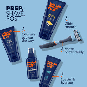 Dollar Shave Club Prep Scrub tube in hand for scale showing compact travel-friendly size