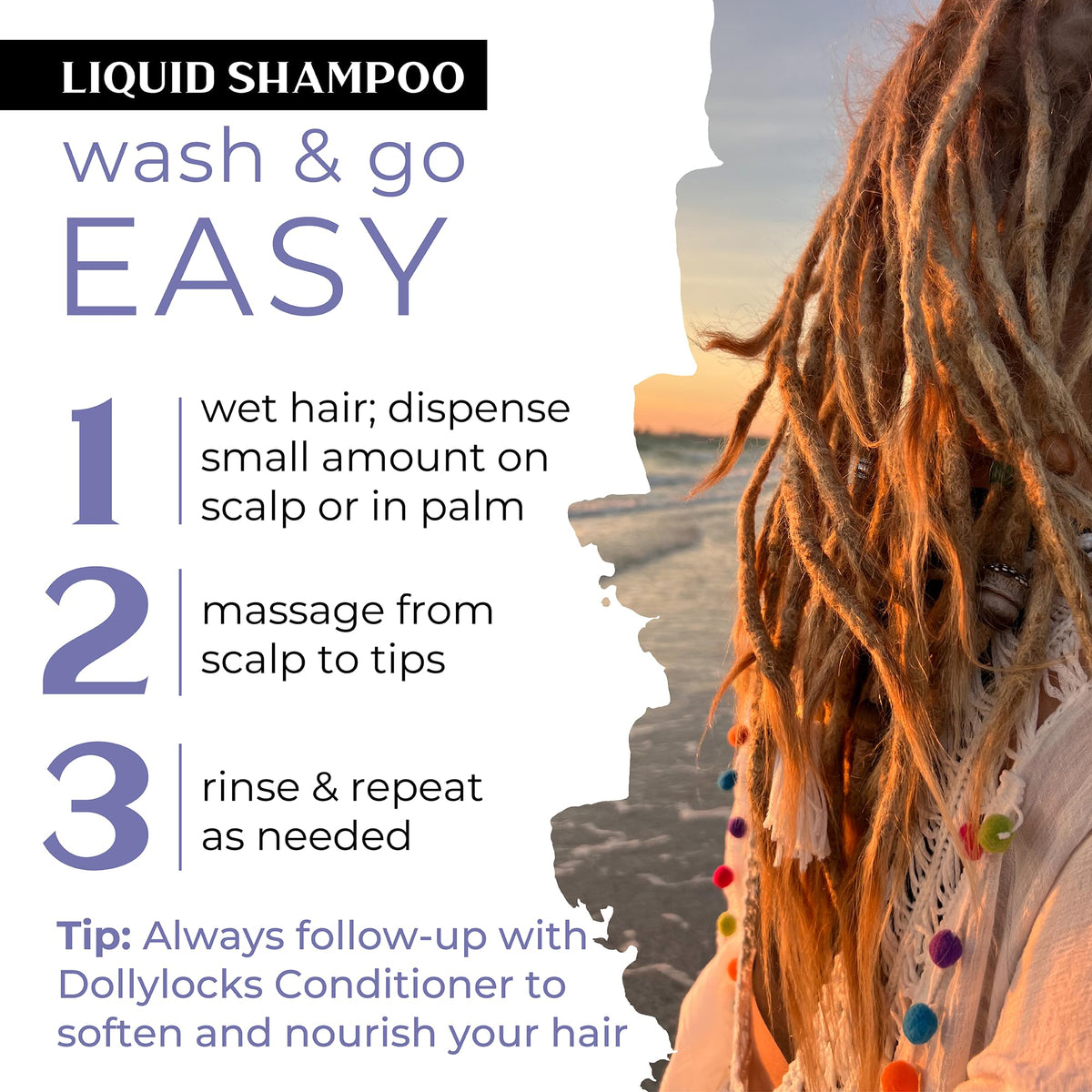 Label close-up showing Dollylocks ingredients and transparency benefit