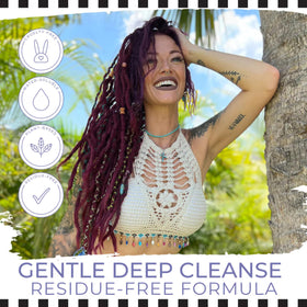 Close-up sudsy foam texture showing Dollylocks clarifying action and gentle cleanse