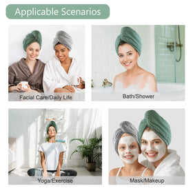 Dolwis model wearing turban in bathroom demonstrating hands-free drying benefit