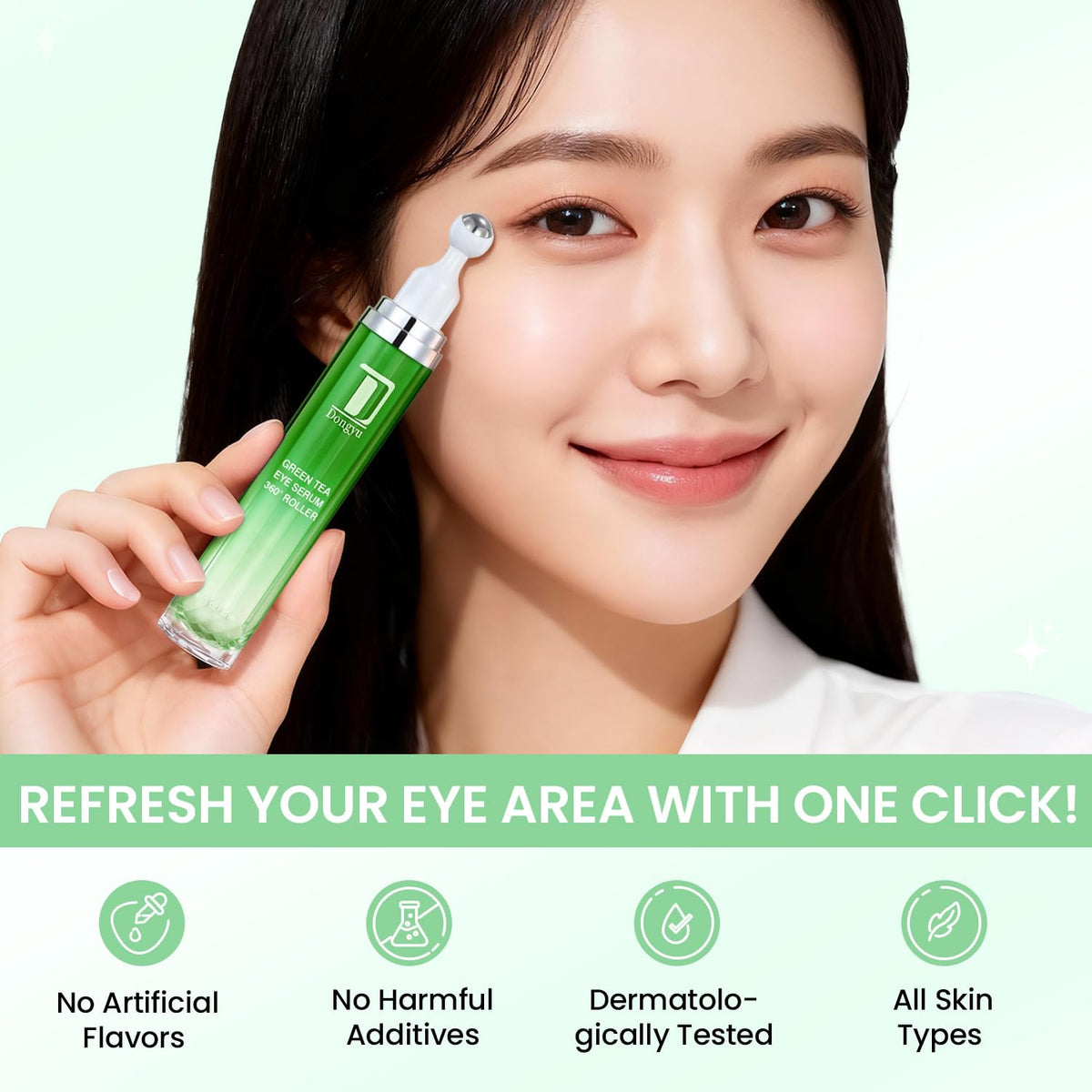 Dongyu applying rollerball under-eye to reduce puffiness and soothe