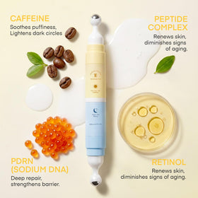 Dongyu eye cream scale next to travel kit emphasizing portable, carry-on friendly size