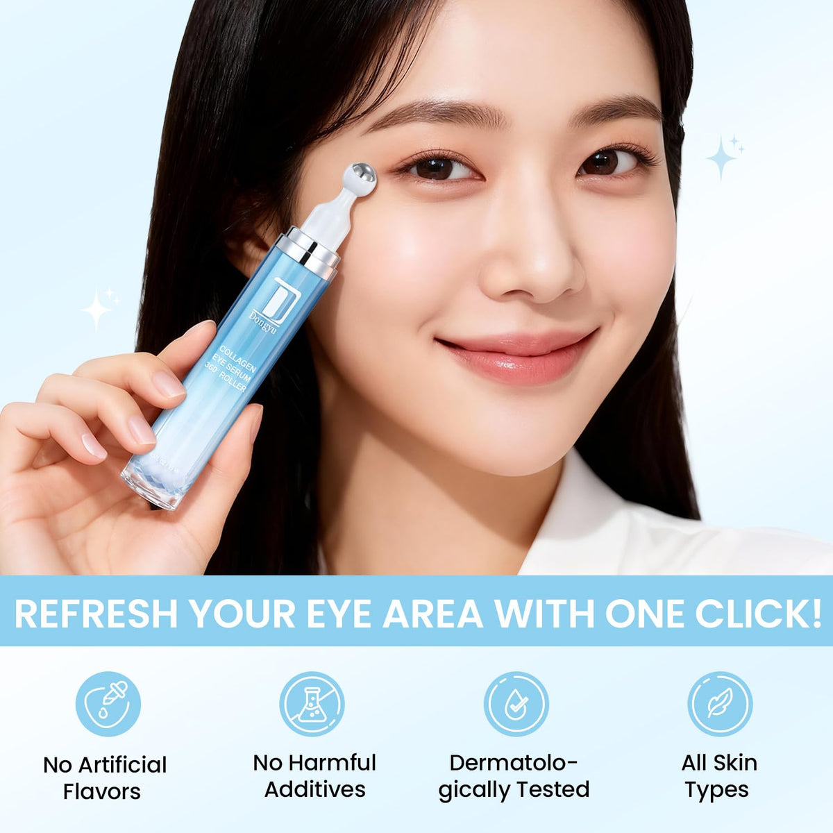 User applying Dongyu under eye cream in morning for de-puffing benefit