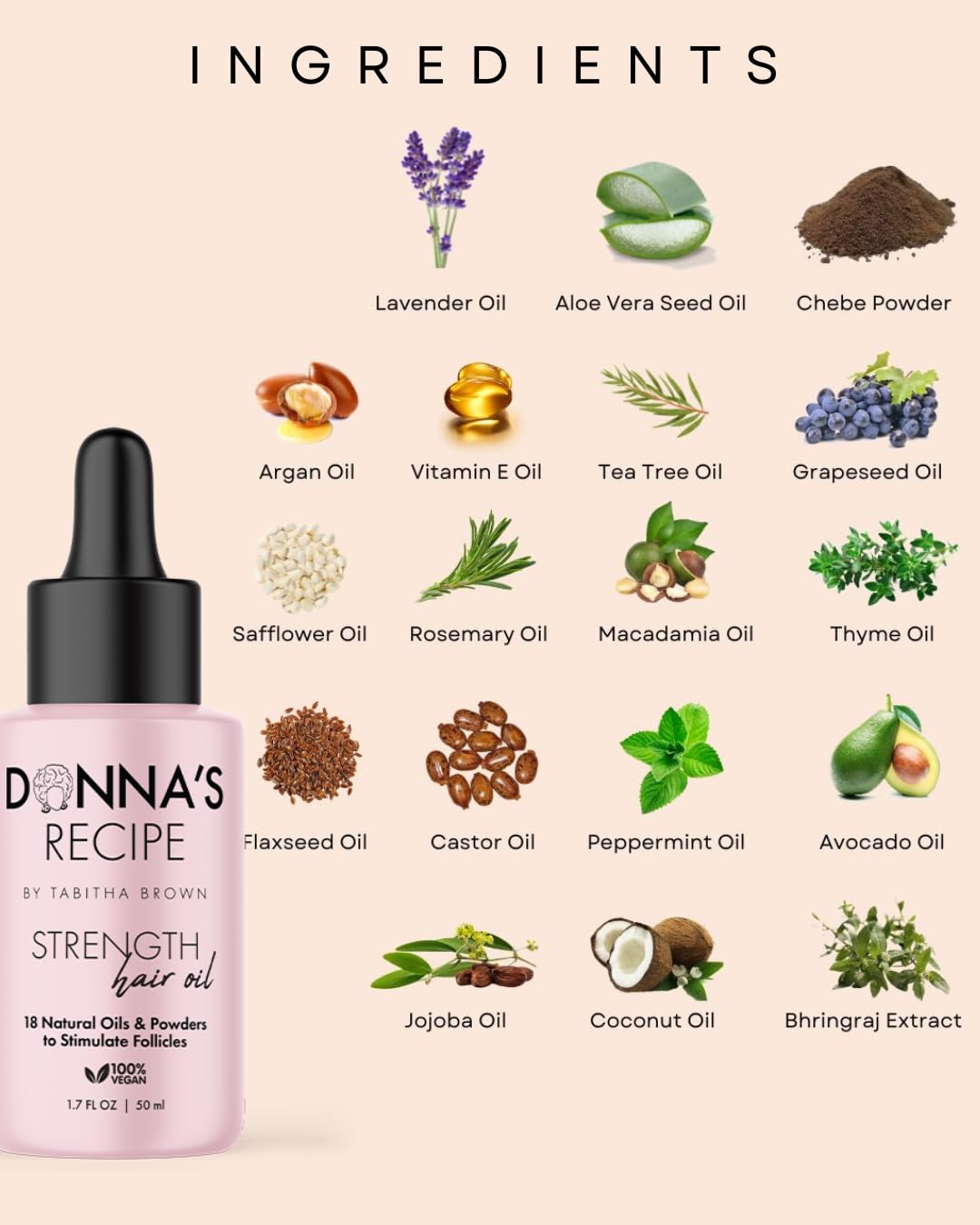 Donna's Recipe close-up of oils and powders highlighting natural ingredient blend benefits