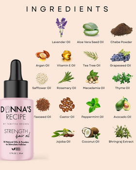 Donna's Recipe close-up of oils and powders highlighting natural ingredient blend benefits