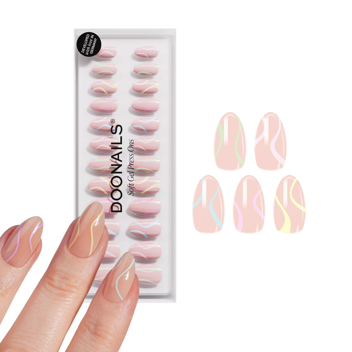 DOONAILS front packaging showing pastel almond set and contents for easy recognition