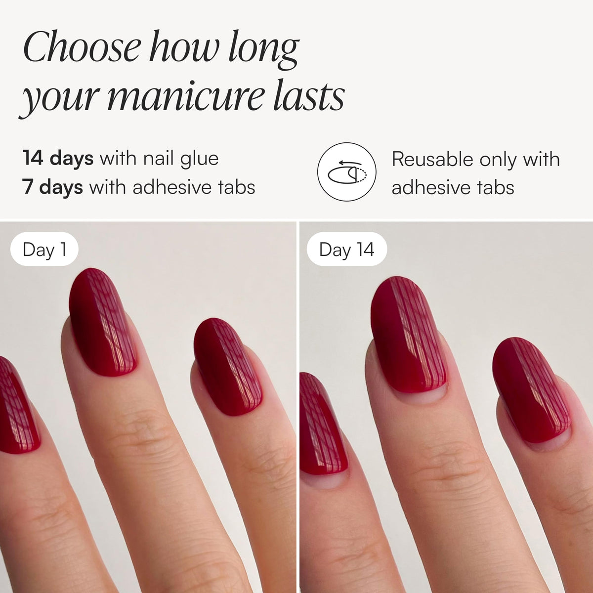 DOONAILS worn on hand showing comfortable short square style and natural look