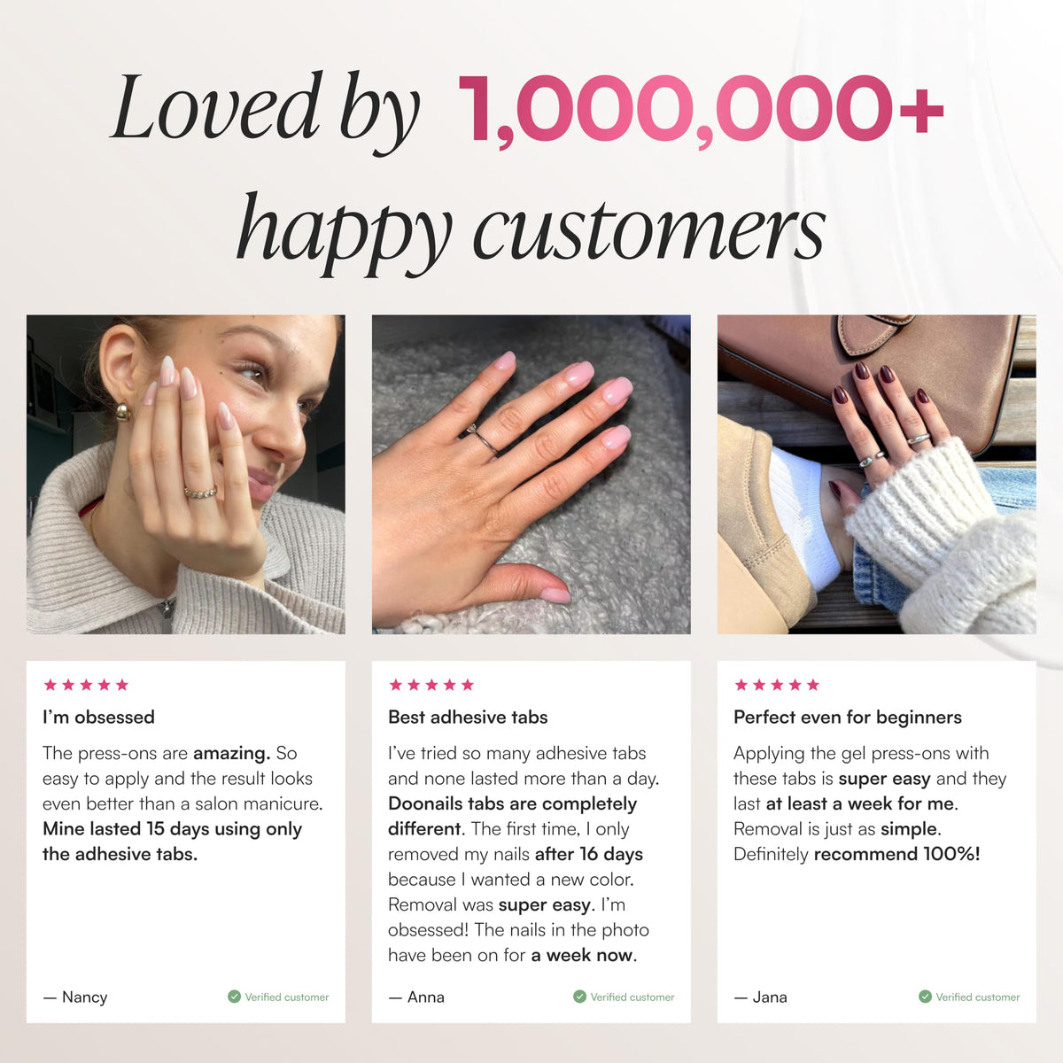 DOONAILS finished manicure on hands illustrating salon-quality convenience