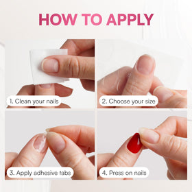 DOONAILS applying a press-on nail with a tab for quick, clean adhesion