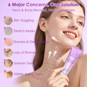 Doracome applying cream to neck illustrating targeted firming and smoothing