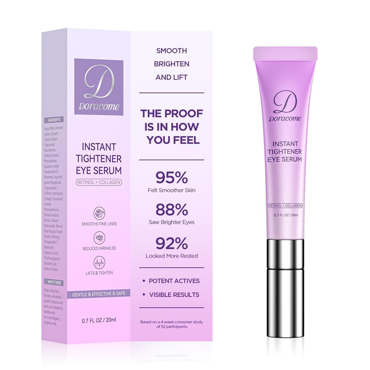Doracome front tube showing clean design and compact 20ml size for travel