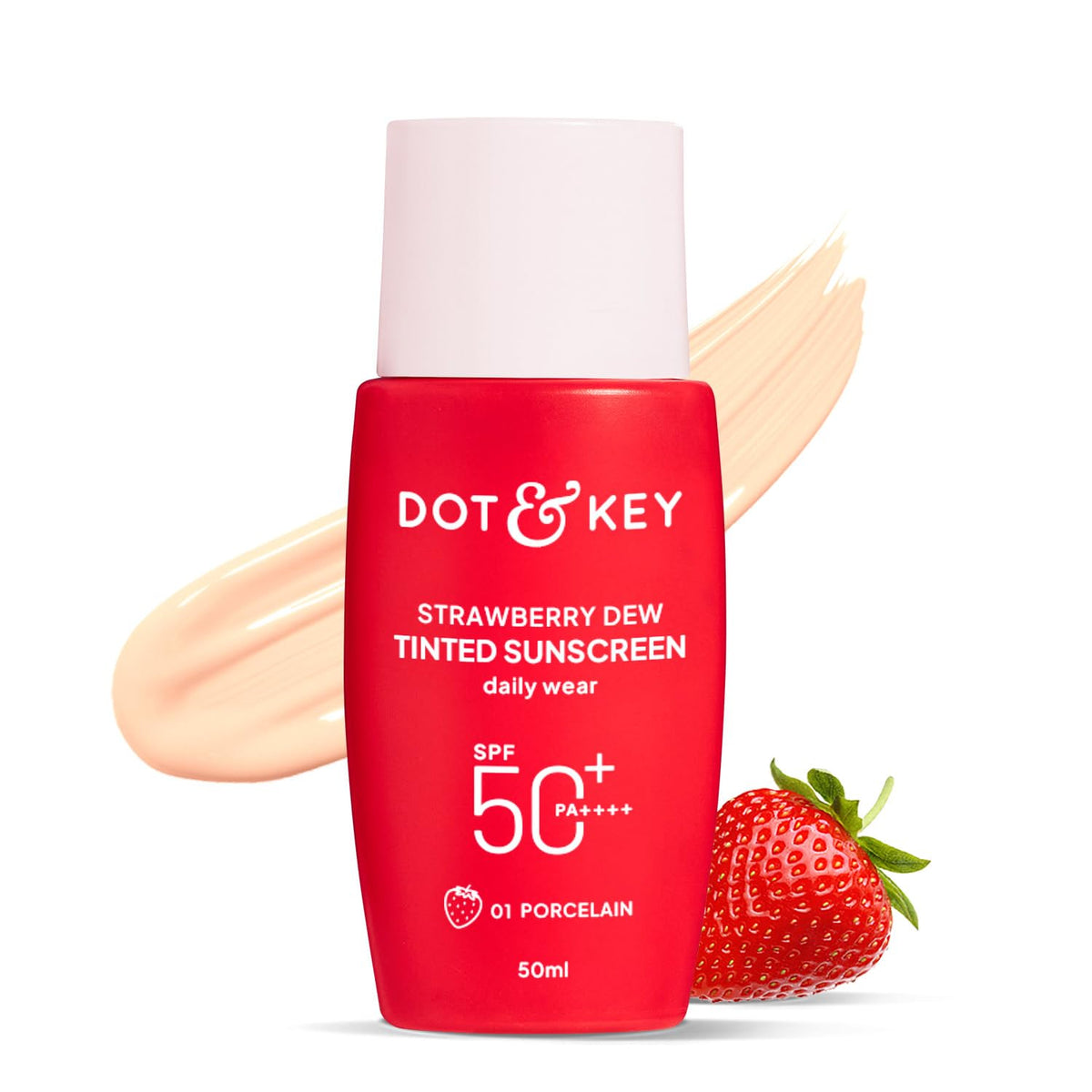 Dot & Key front tube showing strawberry dew SPF 50 protection and portability
