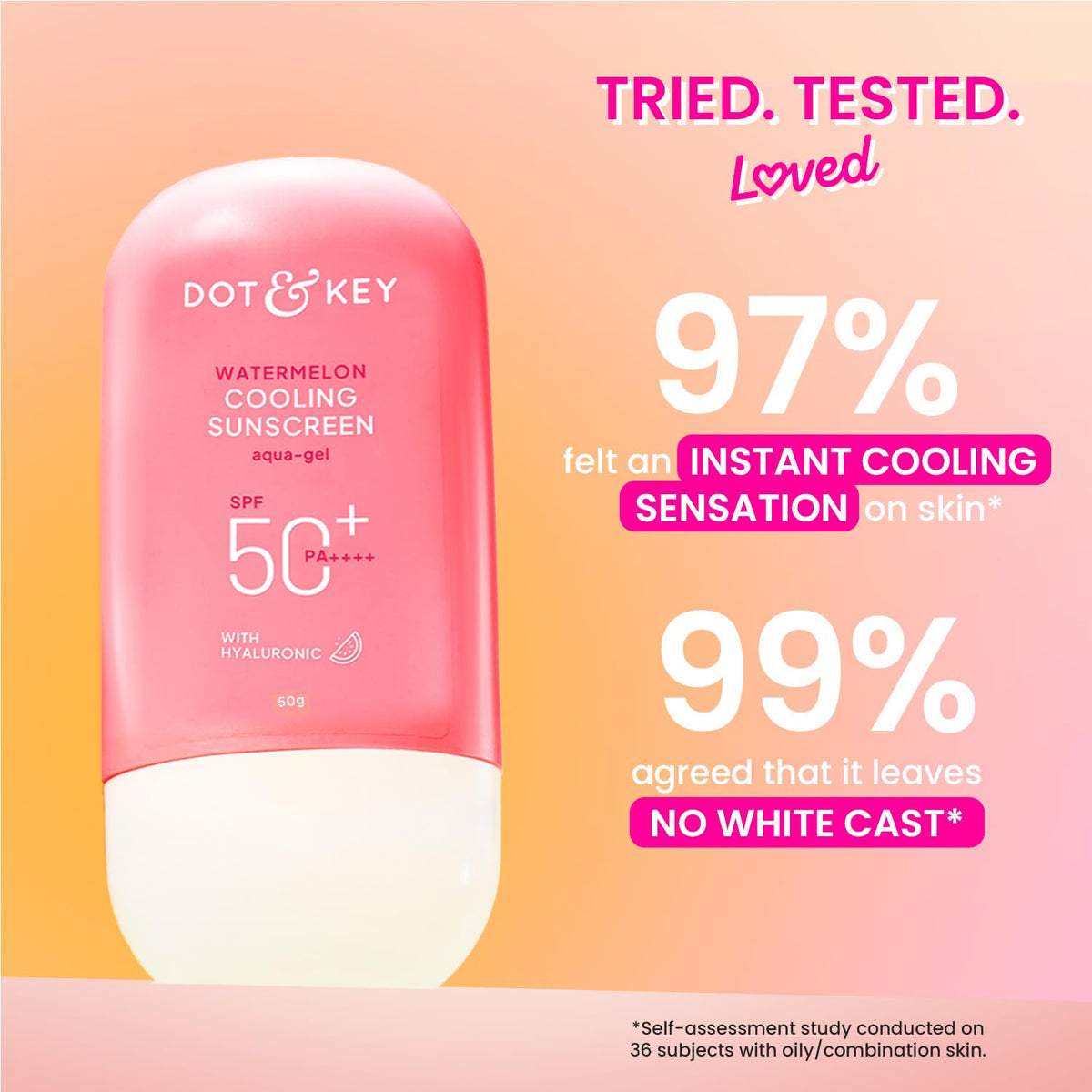 Dot & Key product label close-up highlighting SPF 50 PA++++ and hyaluronic acid benefits