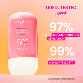 Dot & Key product label close-up highlighting SPF 50 PA++++ and hyaluronic acid benefits