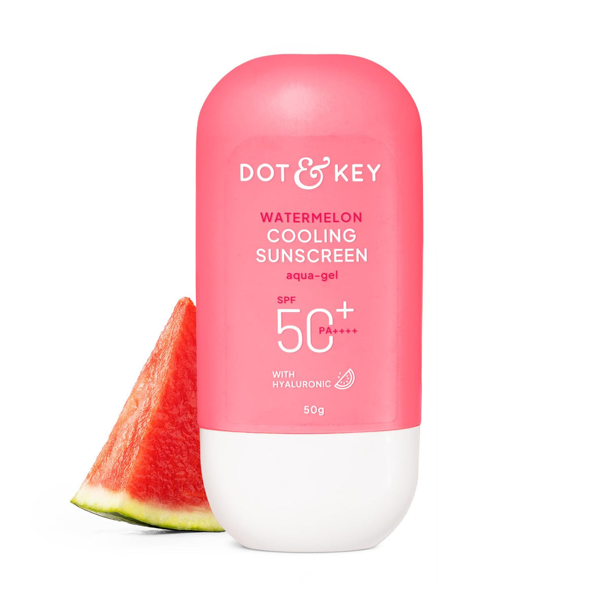 Dot & Key front tube showing SPF 50 branding and compact travel size for protection