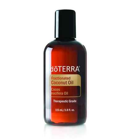 doTERRA fractionated coconut oil front bottle showing label and easy-pour cap for quick blends