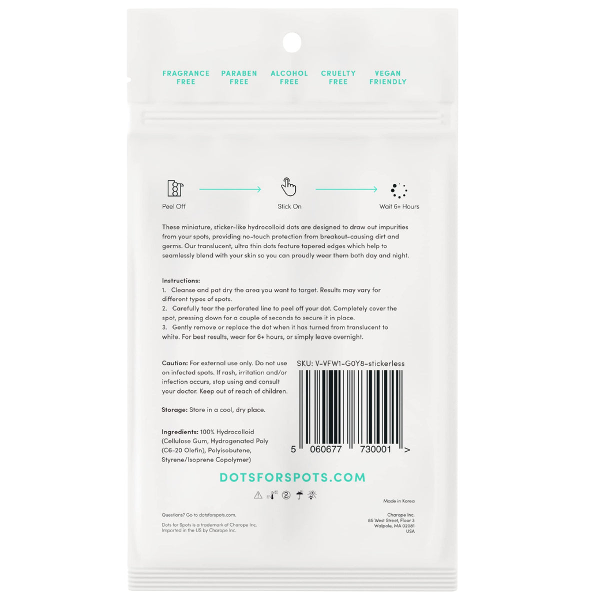Dots for Spots label close-up showing vegan and cruelty-free ingredient benefit