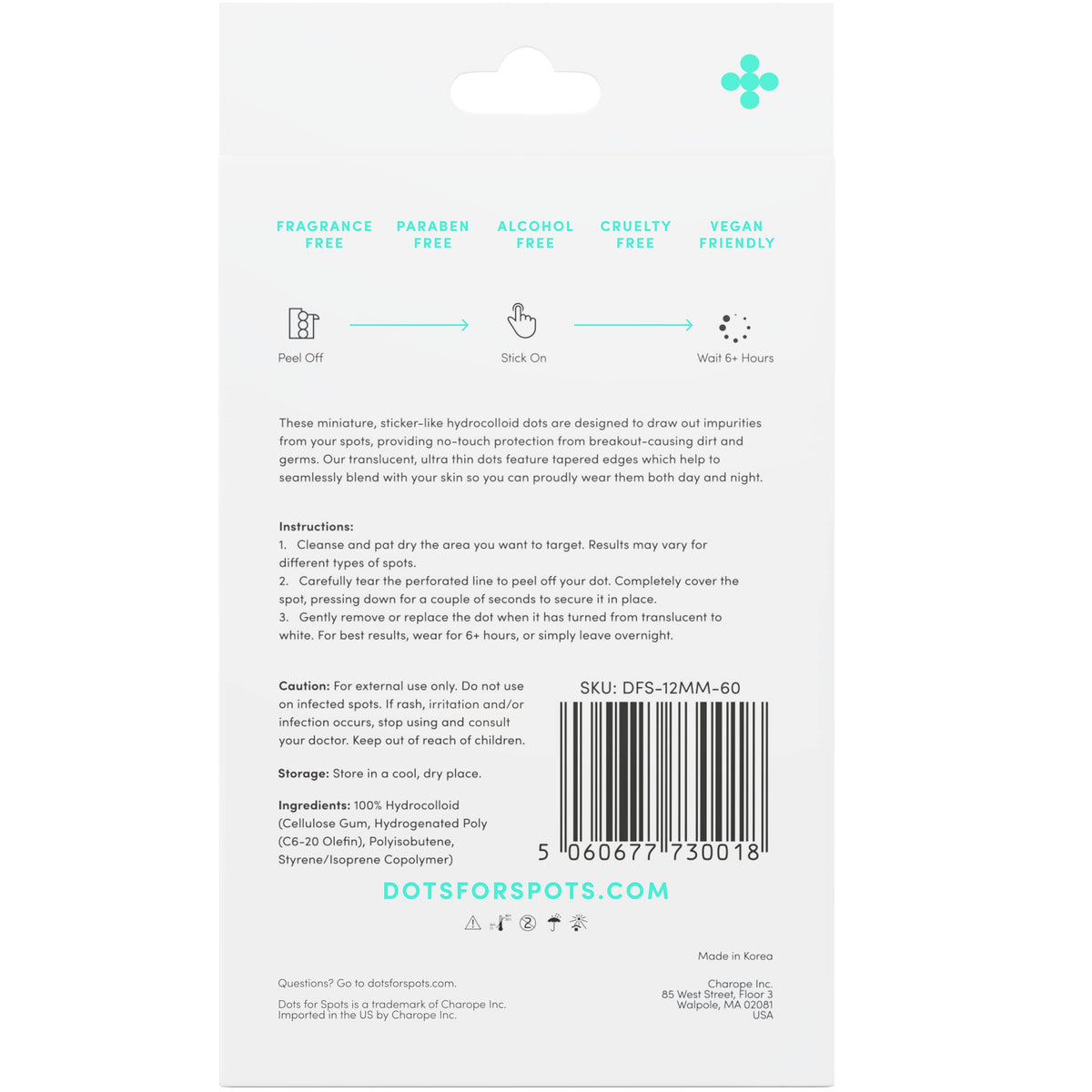 Dots for Spots manufacturing label highlighting Korean skincare quality