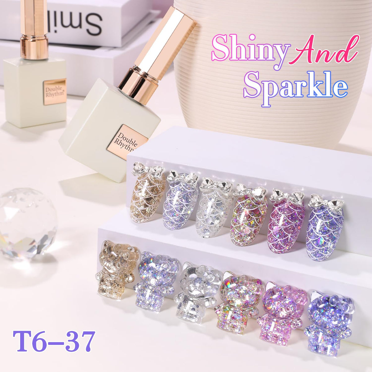 Double Rhythm bottle close-up label showing 15ml size and glitter finish for easy identification