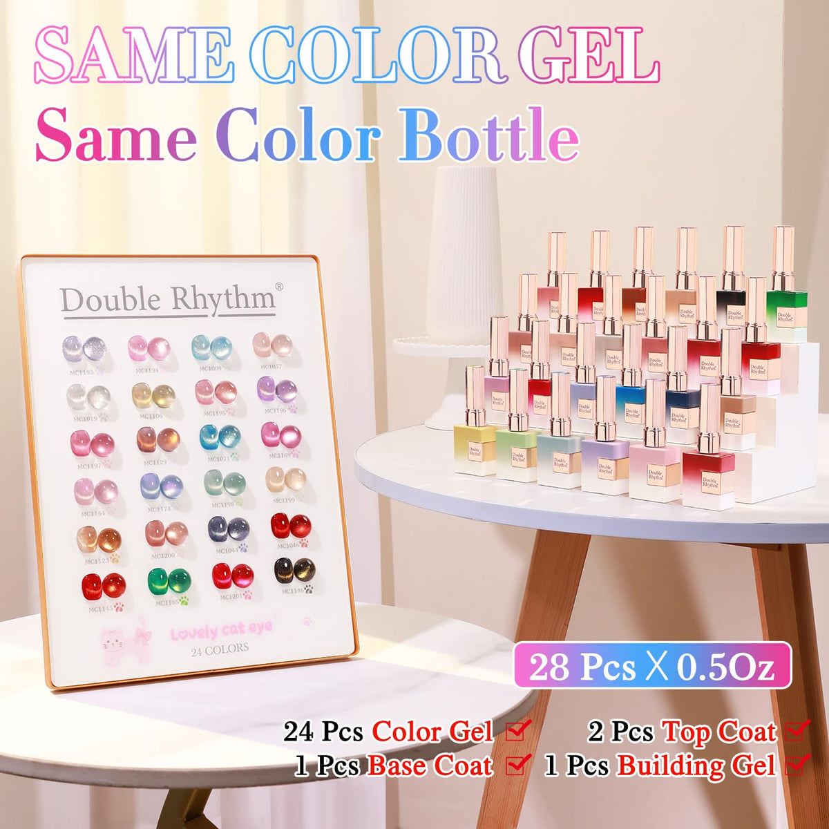 Double Rhythm bottle close-up label highlighting color and easy application