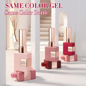 Double Rhythm bottles lined up displaying burgundy red nude pink purple beige shades