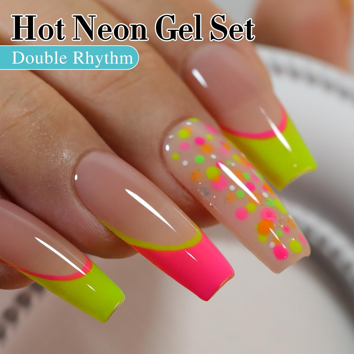 Double Rhythm bottles lined up showcasing distinct neon-pastel hues for creative sets