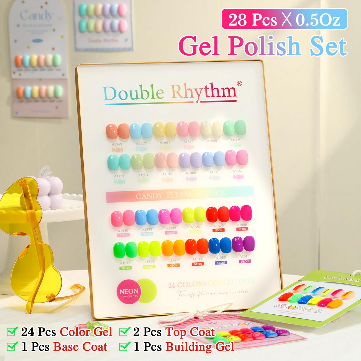 Double Rhythm open display with all 24 neon bottles visible, showing variety and vibrant hues