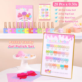 Double Rhythm color array flatlay displaying 24 pastel shades for creative looks