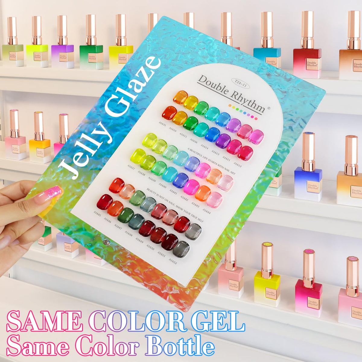 Double Rhythm nail wheel swatches showing neon jelly and milky sheer shades for color planning