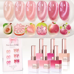 Double Rhythm front view of six bottles showing consistent pink rose shade and shimmer
