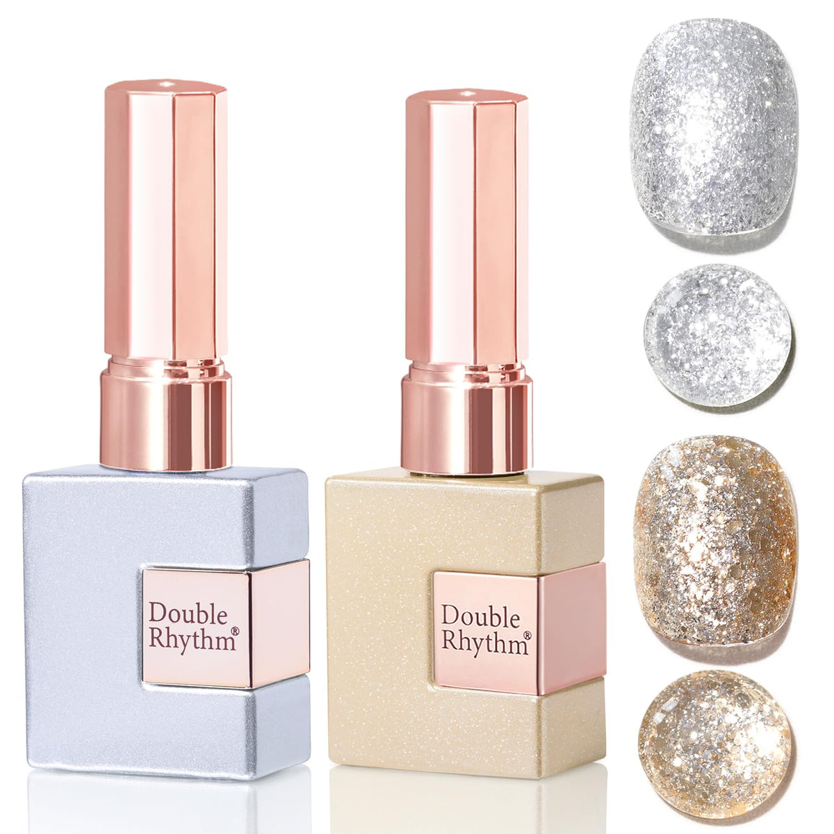 Double Rhythm front bottles showing gold and silver shimmer benefits shine