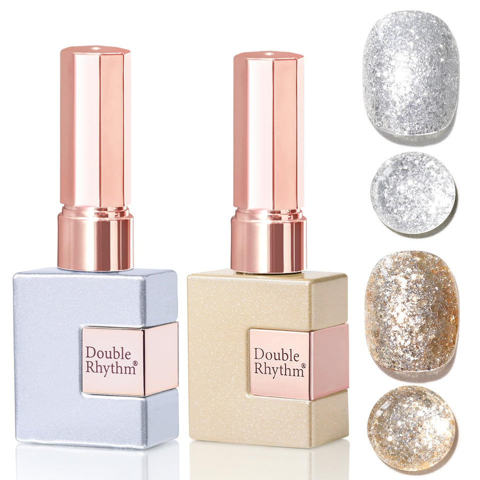 Double Rhythm front bottles showing gold and silver shimmer benefits shine