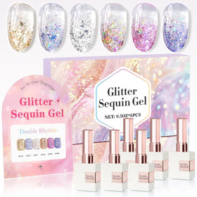 Double Rhythm front packaging with display board showing six shimmer bottles and organized presentation