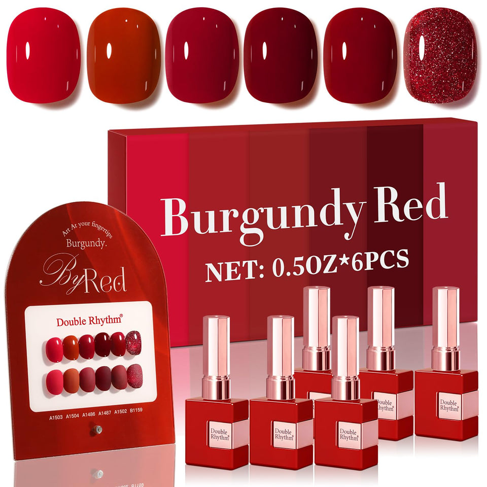 Double Rhythm front packaging showing six glitter burgundy bottles and value