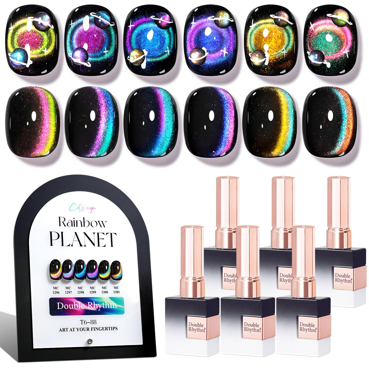 Double Rhythm front packaging showing six holographic bottles and benefits