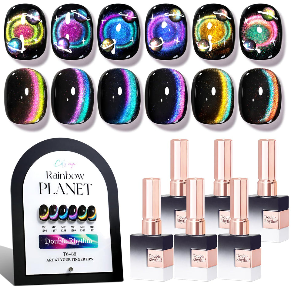 Double Rhythm front packaging showing six holographic bottles and benefits