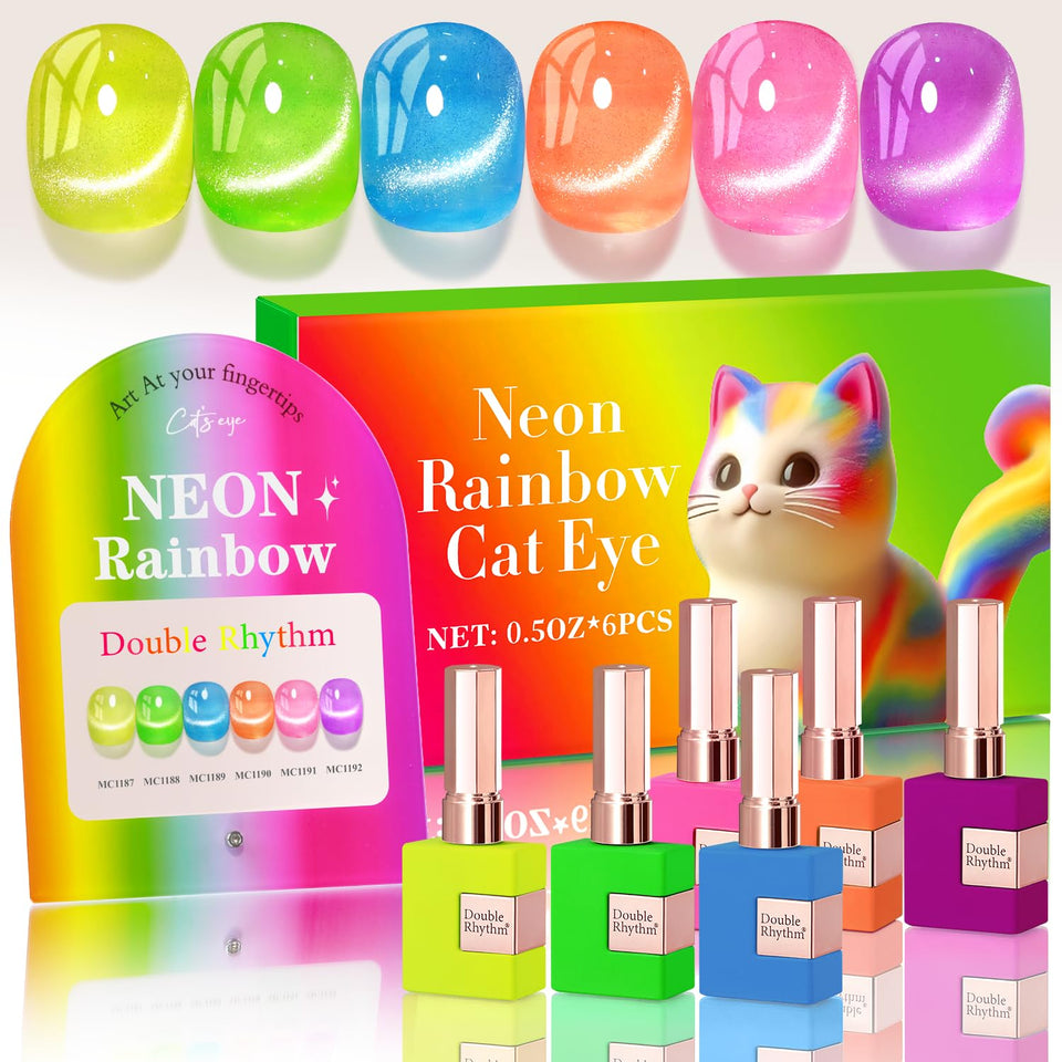 Double Rhythm front packaging showing six neon bottles and bright manicure inspiration