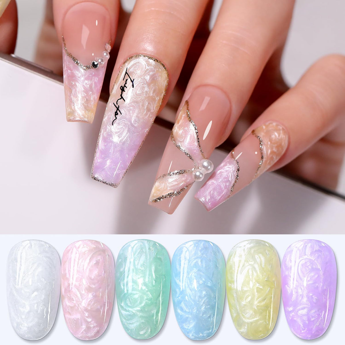 Double Rhythm front packaging showing six pastel pearl gel bottles and kit benefits