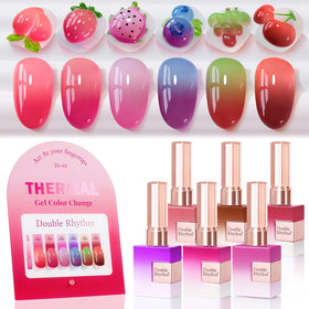 Double Rhythm front packaging showing six matching 15ml color changing bottles for versatile manicures