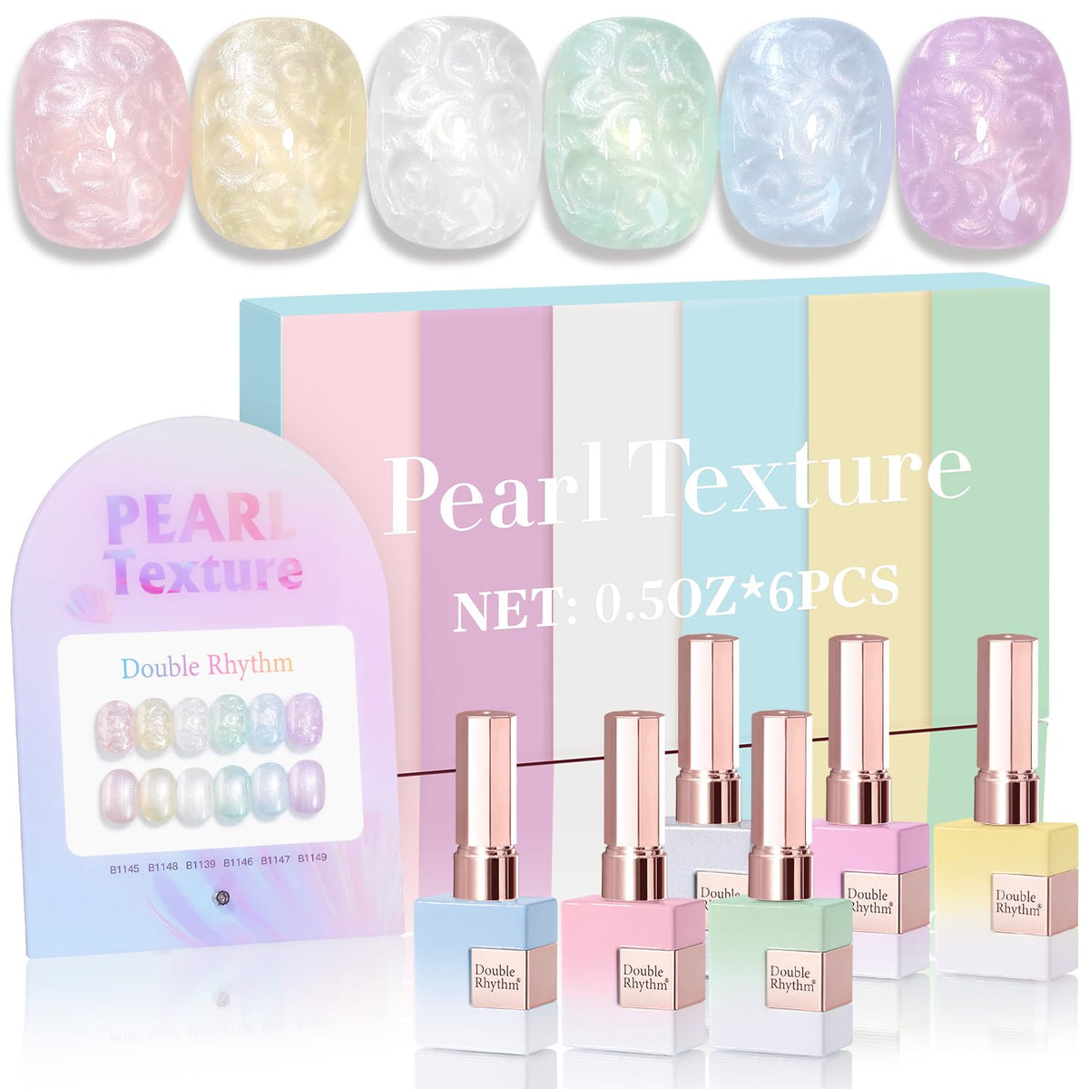 Double Rhythm front packaging showing six identical-color gel bottles for easy storage