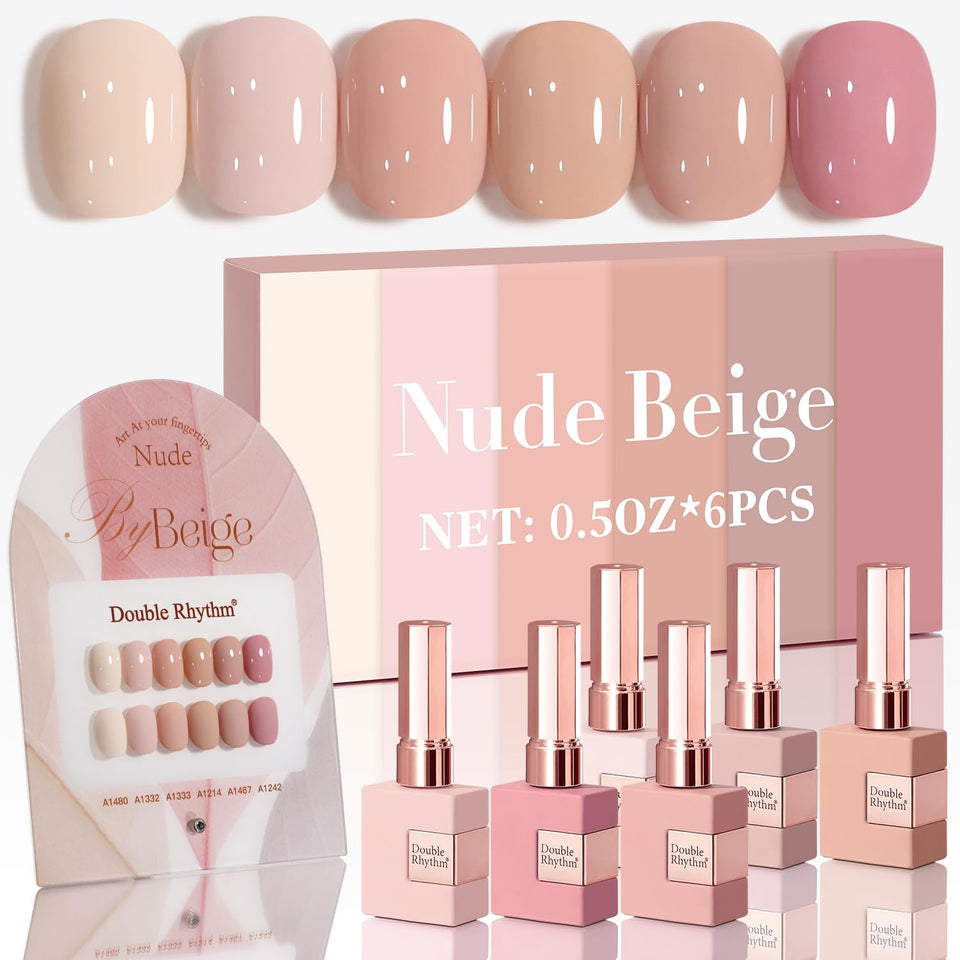 Double Rhythm front packaging showing six matching nude-pink bottles and benefits