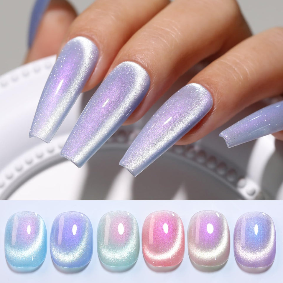 Double Rhythm front packaging showing six shimmering cat eye polishes and magnet for easy kit identification and convenience