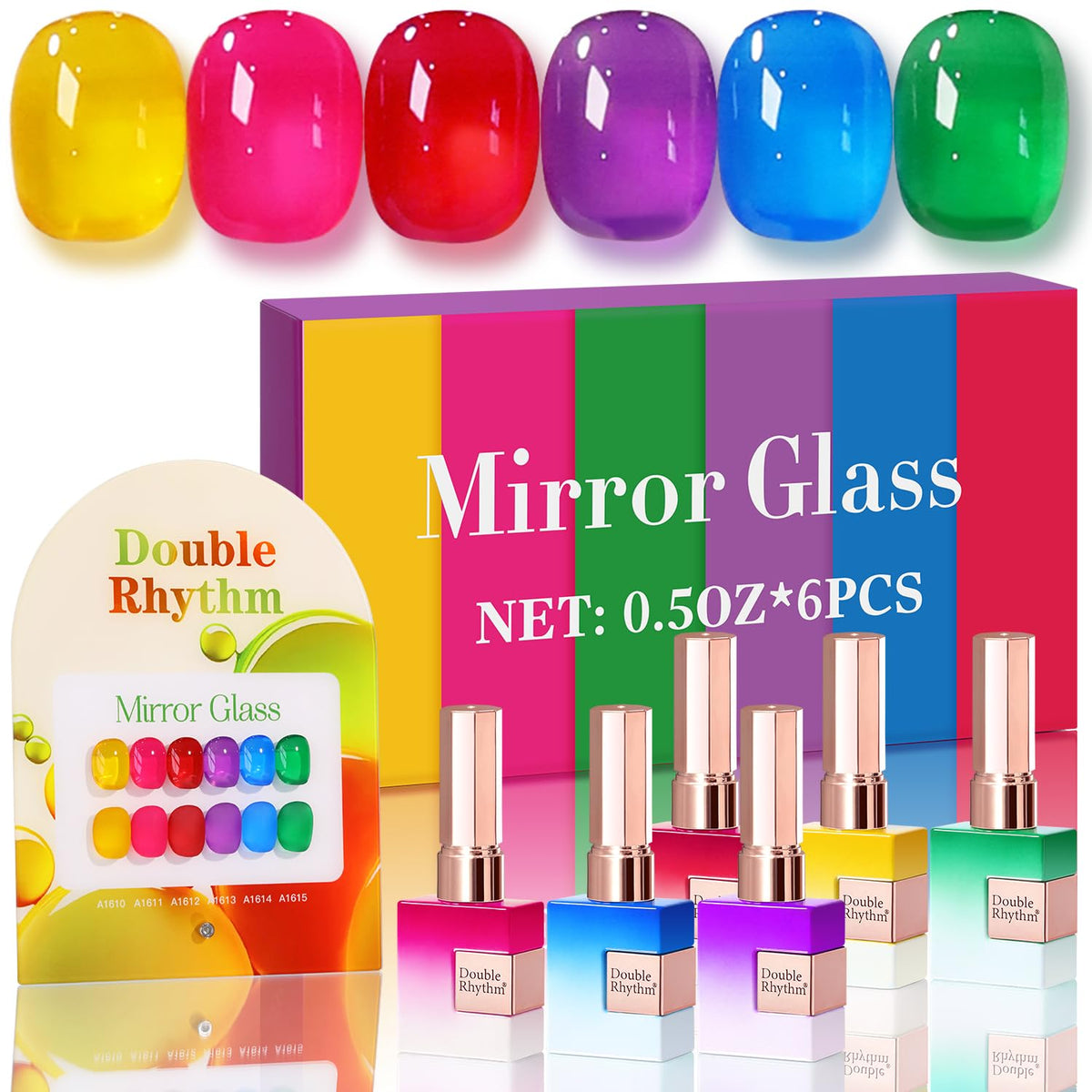 Double Rhythm front packaging view showing full six-bottle set and bright colors benefit