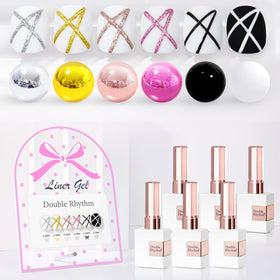 Double Rhythm front packaging showing six 15ml gel liner polishes, easy kit for detailed nail art