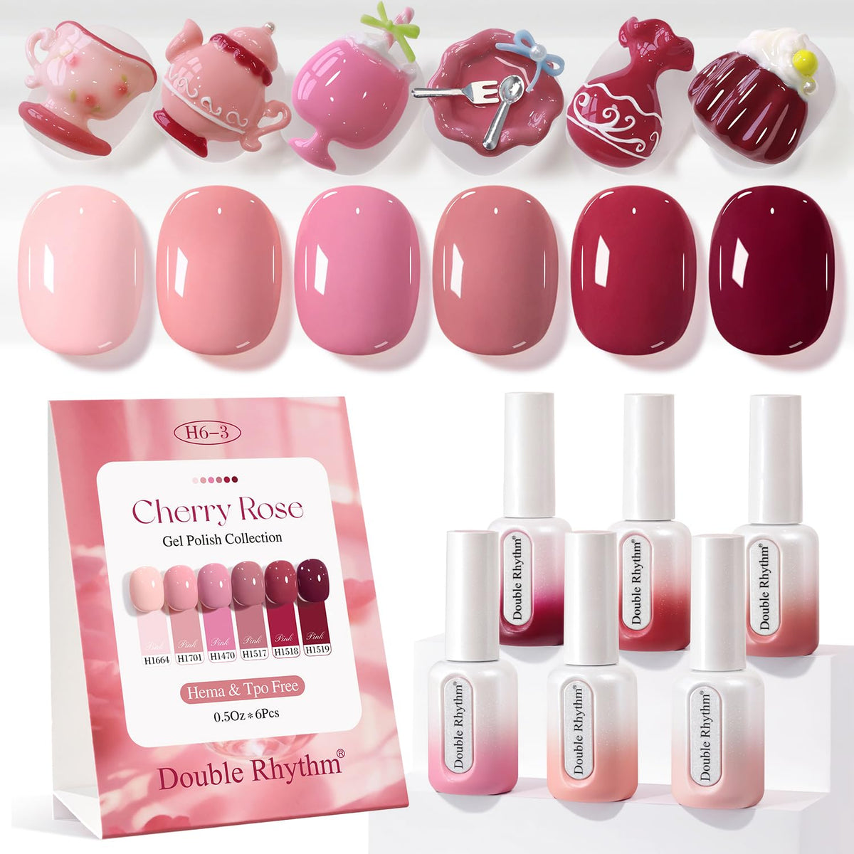 Double Rhythm front packaging showing six matching neutral bottles, clear benefit