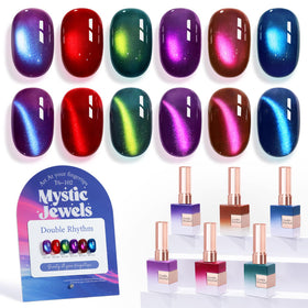 Double Rhythm front packaging showing six matching cat eye gel bottles and benefits