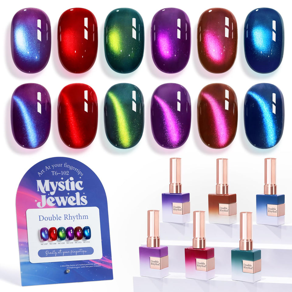 Double Rhythm front packaging showing six matching cat eye gel bottles and benefits