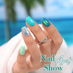 Double Rhythm finished manicure wearable teal-mint nails showing salon-quality results