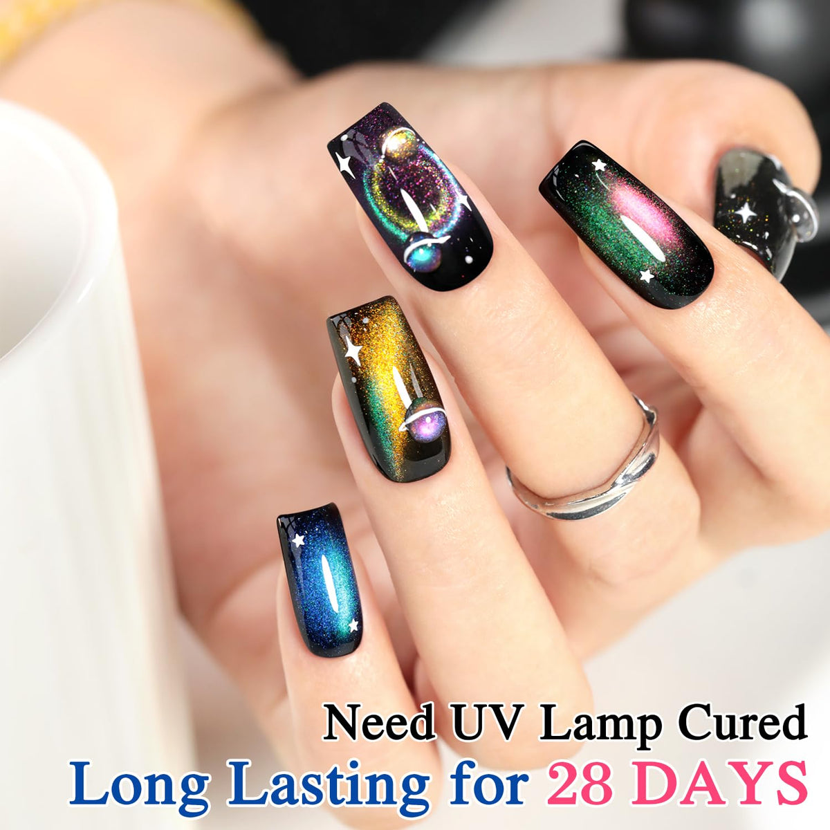 Double Rhythm nails worn with outfit showing reflective finish for events